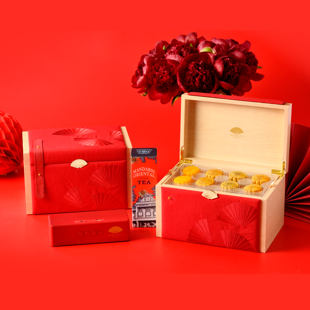 The Oriental Luxury Box with a tin of TWG Signature Blend and a Bluetooth speaker special offer for pickup at The China  House, Mandarin Oriental, Bangkok