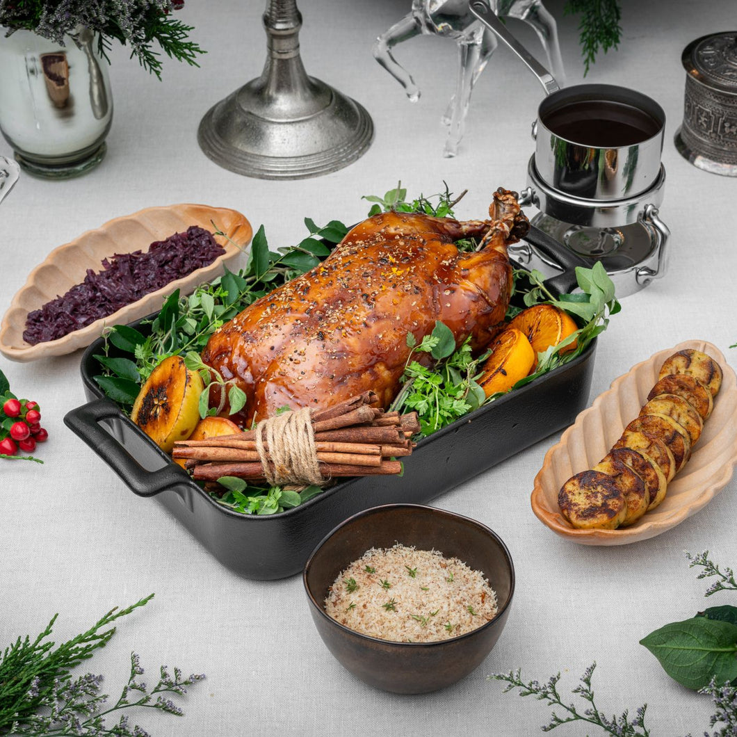 Spiced Honey Roasted Organic Duck with Bread Dumplings, Crushed Butternut with Pecans and Braised Red Cabbage