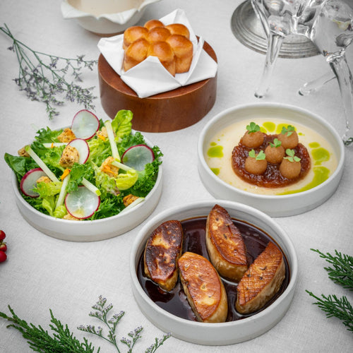 Pan Seared Foie Gras with Poached Pear and Chutney, Brioche, Mixed Salad with Green Apple